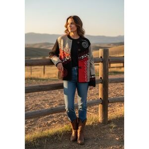 Allure Cardigan Jacket Womens Large Red Black Abstract Chenille Art To Wear L